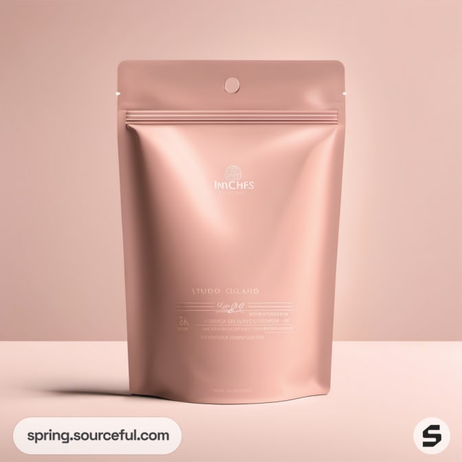 Peach resealable pouch with discreet branding on background.