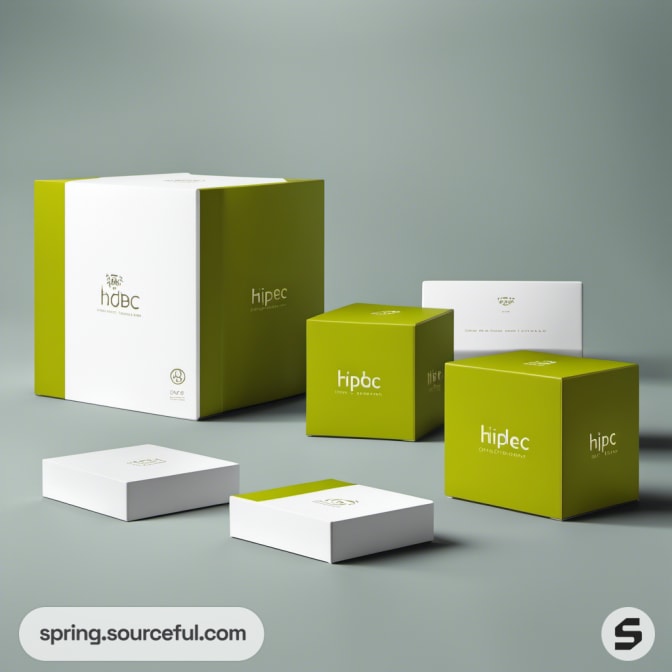 Modern packaging in white and green cubes featuring minimalistic text on a soft gray background.