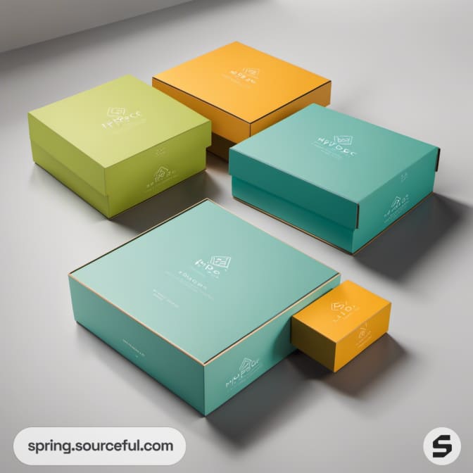 Set of colorful square boxes in green, orange, and teal hues with clean design on a light surface.