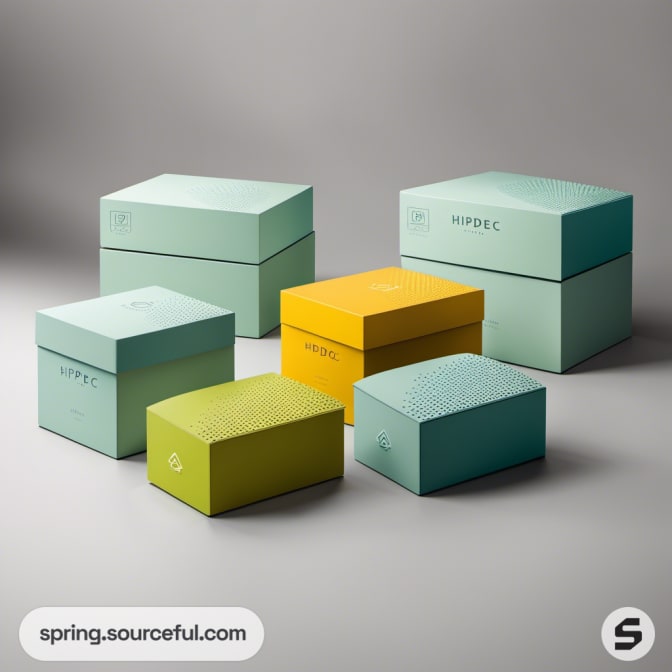 Stack of blue and yellow boxes with textured surfaces, exhibiting clean, modern packaging design.