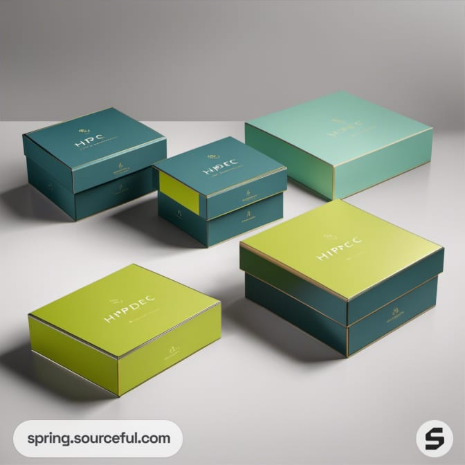 Set of teal and lime green boxes with minimalistic design and modern typography on a gray background.