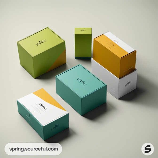 Assorted rectangular boxes in green, teal, and orange tones with clean design on a neutral surface.