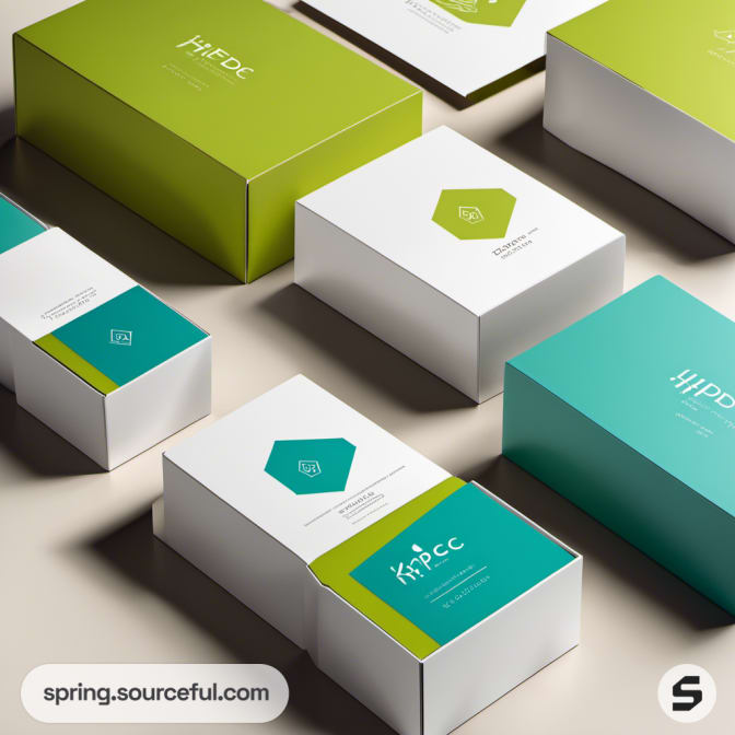 Elegant packaging in green and white with geometric patterns, featuring modern and clean typography.