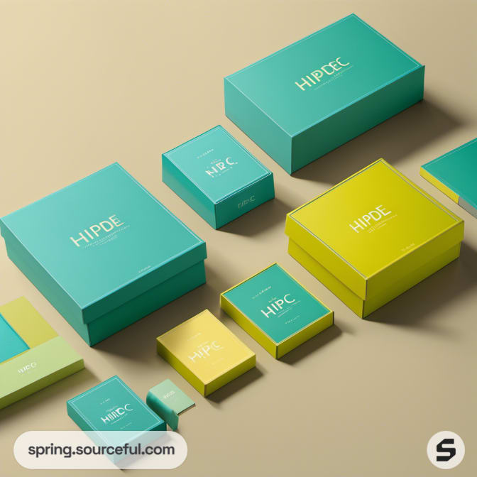 Teal and lime green rectangular boxes with sleek typography on a beige surface.