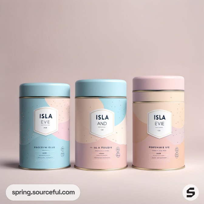 Assorted pastel tins with diverse designs on a neutral backdrop.