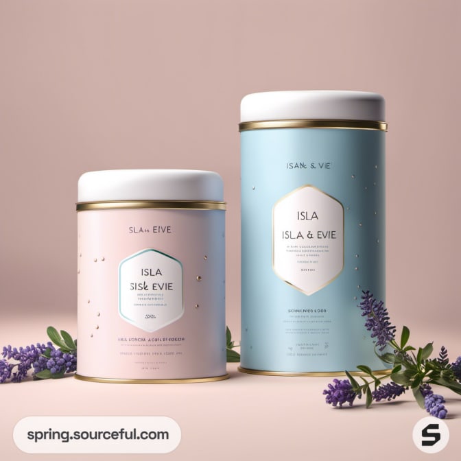 Two tins with lavender accents and foliage in the background.
