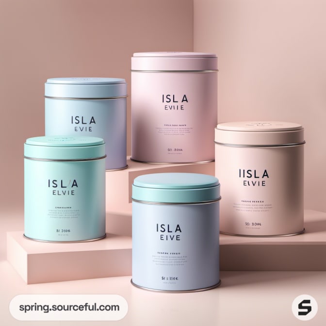 Five minimalistic pastel tins arranged on staggered platforms.