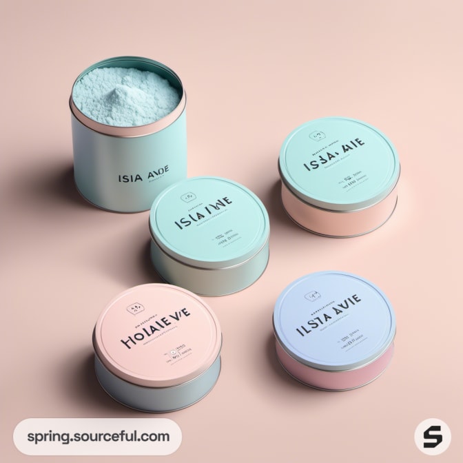 Open and closed pastel tins on a soft pink background.