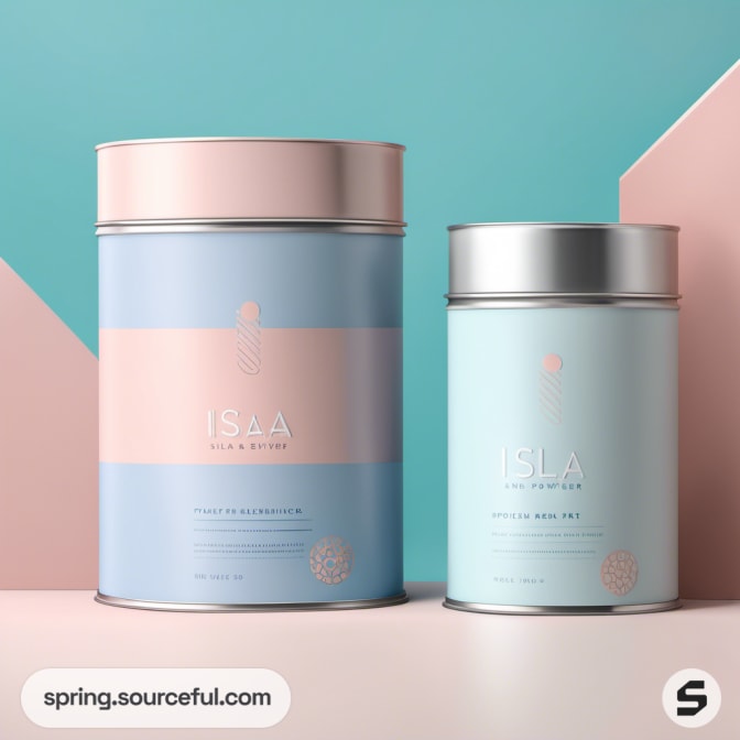 Two tins in pastel colors with geometric background elements.