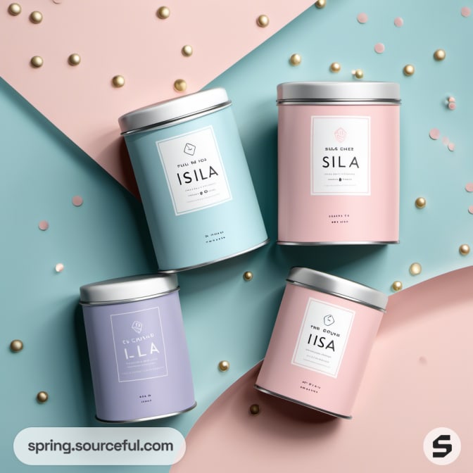 Four pastel tins arranged on a dual pastel background.