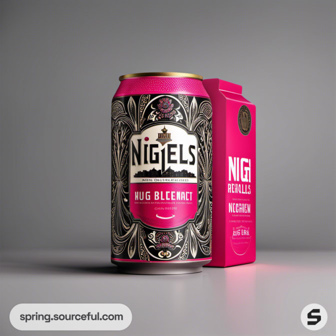 Pink can and carton packaging with intricate patterns on a gray surface.