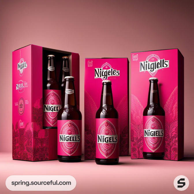 Pink carton holding three pink-labeled bottles on a pink background.