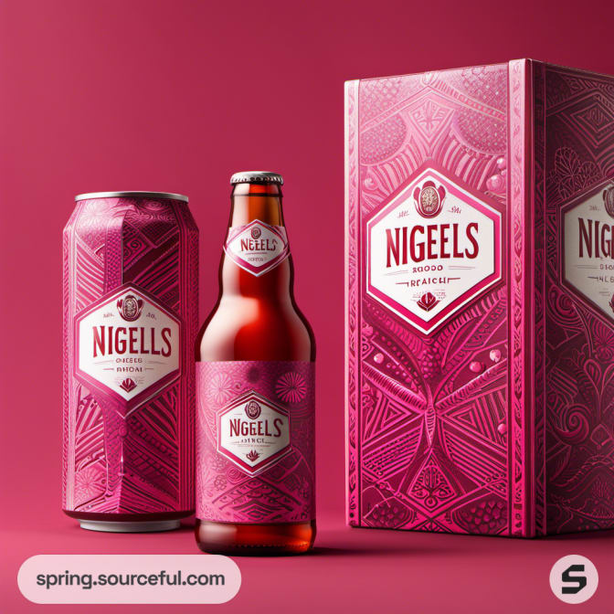 Pink can and bottle with geometric patterns next to a boxed package.