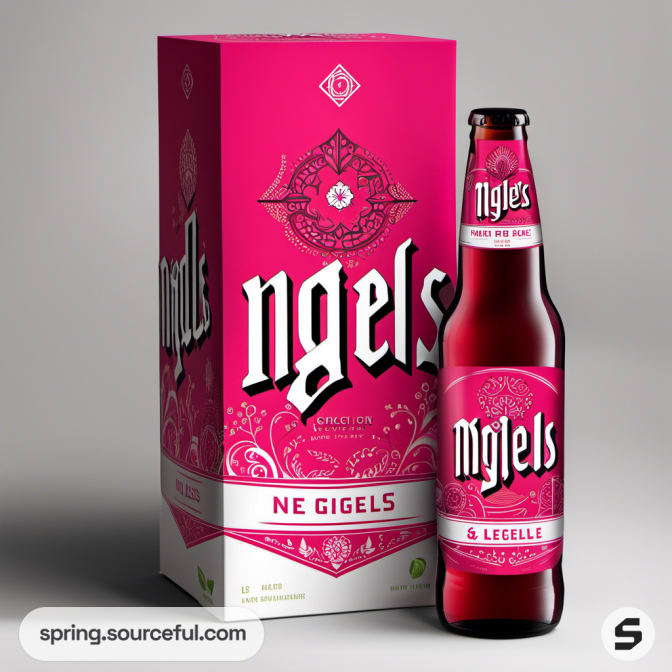 Pink bottle with bold text and matching carton on white surface.