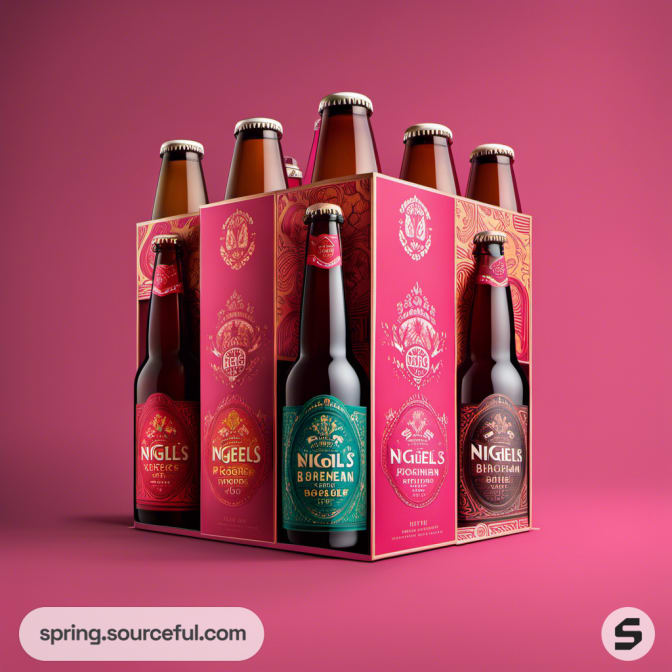 Six-pack of bottles in pink and teal carton with floral designs.