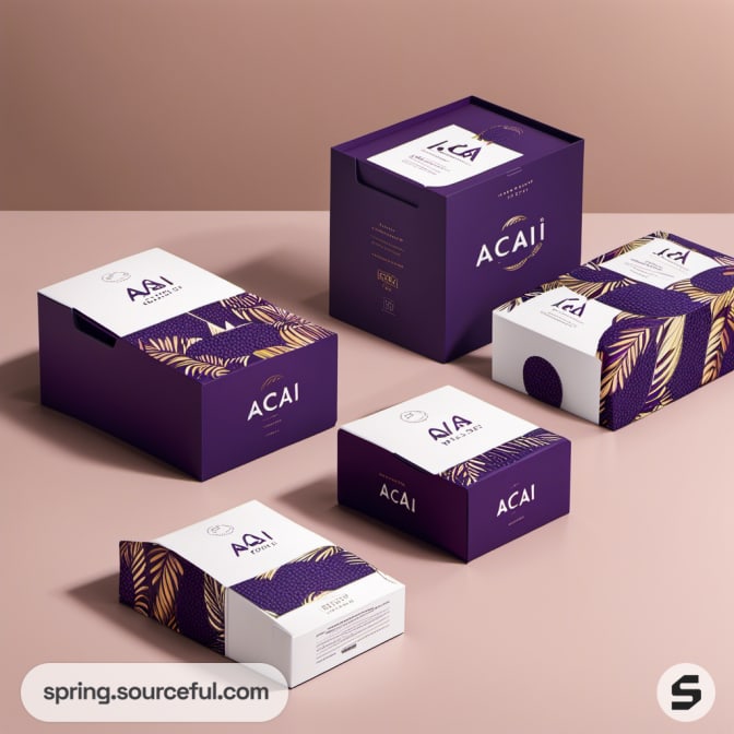 Purple and white acai packaging with leaf patterns on boxes.