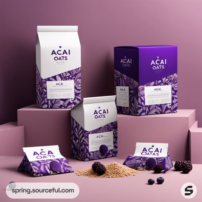 Vibrant acai oats packaging with berries and seeds on boxes.