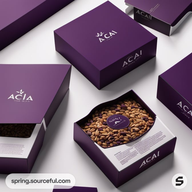 Purple acai packaging with transparent window showing grains.