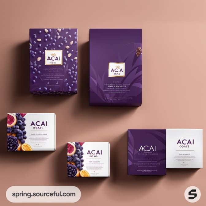 Acai packaging with fruit imagery and varying box sizes.