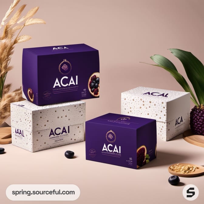 Elegant purple and white acai packaging with botanical accents.