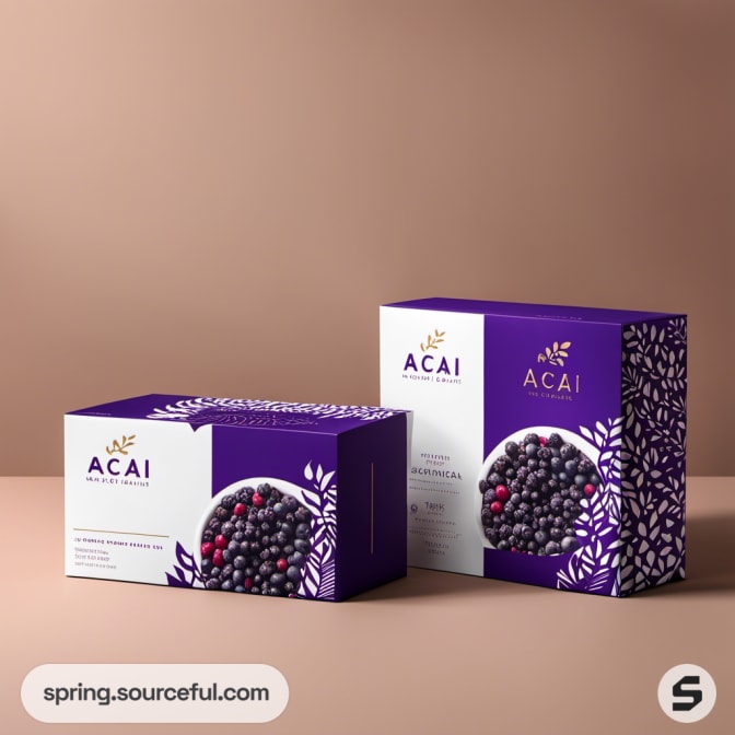 Purple and white acai packaging box with berry illustrations.