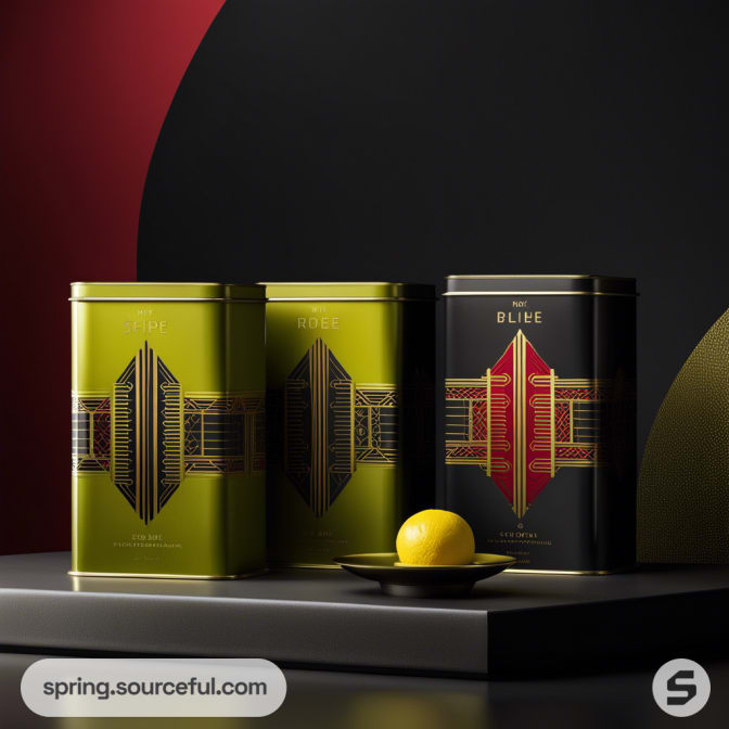 Three decorative tins in green and black with geometric designs on a dark backdrop.