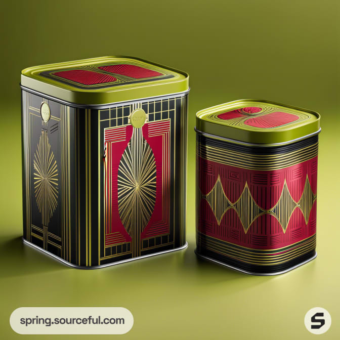 Art Deco tin packaging designs in black, red, and gold on a green background.