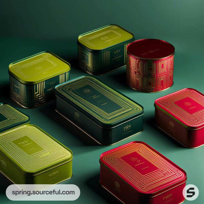 Colorful geometric-patterned tins in red and green hues on a dark background.