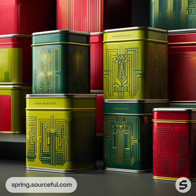 Green and red decorative tin boxes with intricate gold patterns.