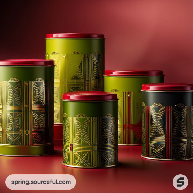 Art deco green and red cylindrical tins with geometric patterns against a red background.