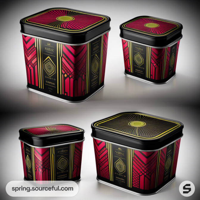 Black and red decorative square tins with art deco pattern and gold accents.