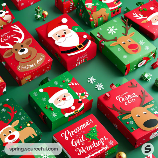 Festive boxes with Santa and reindeer designs on a green background.