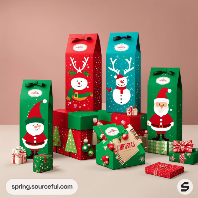 Tall gift boxes with bows, featuring Santa and snowman designs.