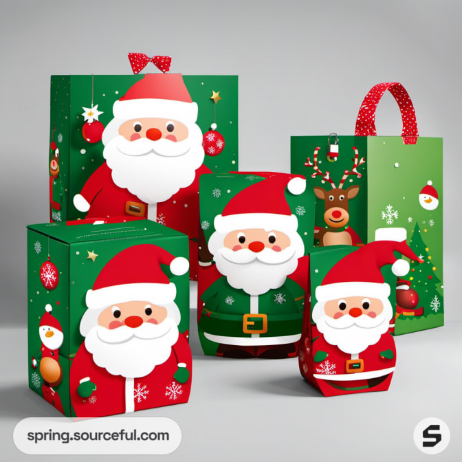 Green and red gift bags with Santa and reindeer illustrations.