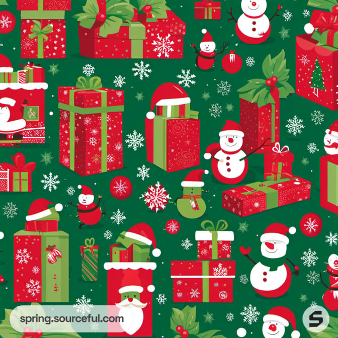 Christmas-themed wrapping paper with gifts and snowmen illustrations.