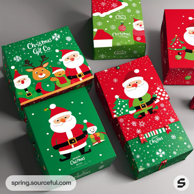 Green and red Christmas gift boxes with Santa designs.