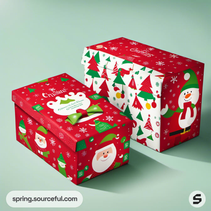 Red and green boxes with holiday patterns and snowman decoration.