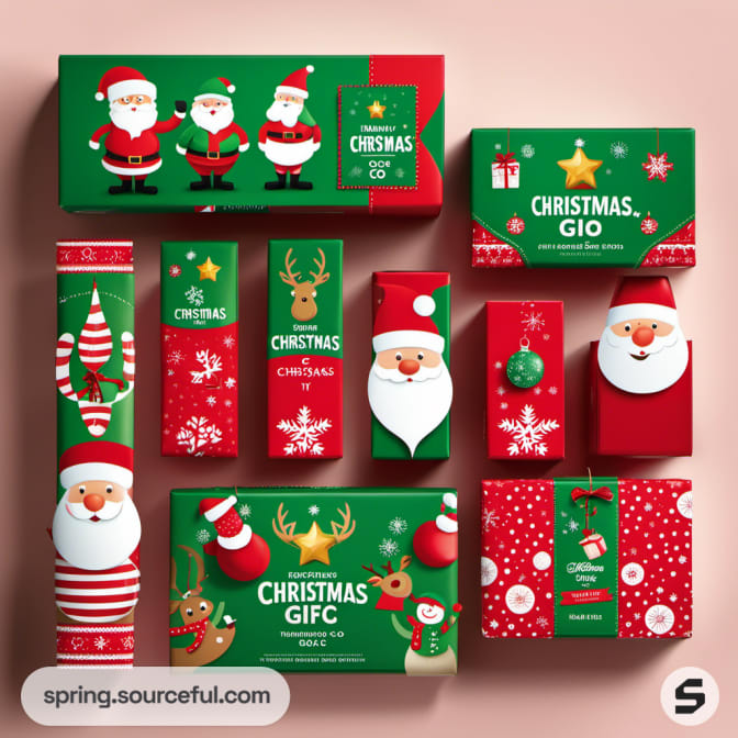 Christmas gift boxes with Santa and reindeer decorations.