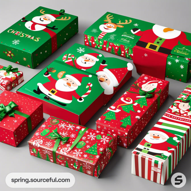 Assorted Christmas gift boxes with festive designs and patterns.