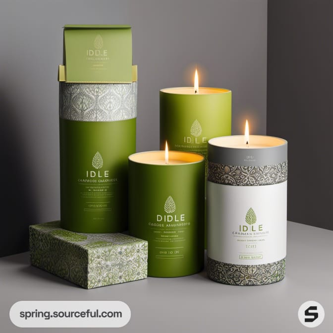 Green and gray cylindrical candle packaging with floral patterns.