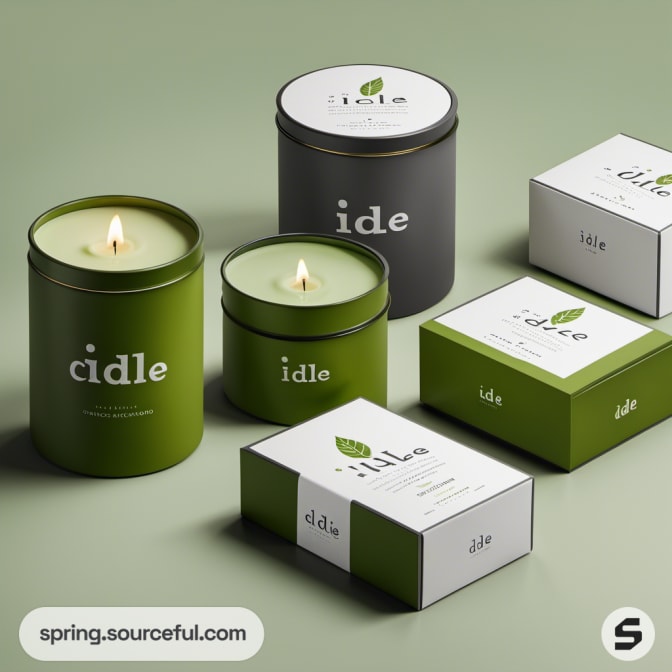 Green and gray candle tins with minimalist green boxes.