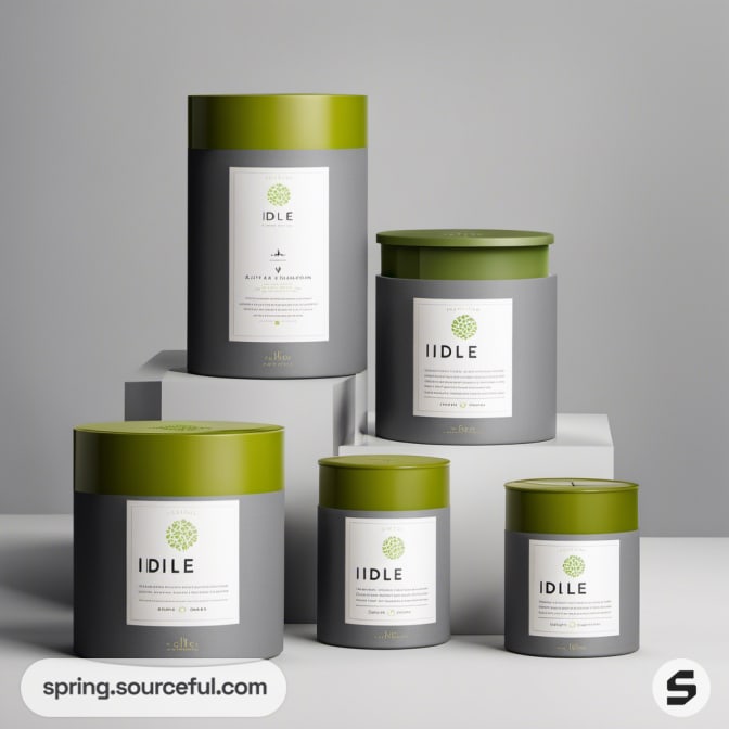 Set of candles in green and gray cylindrical containers.