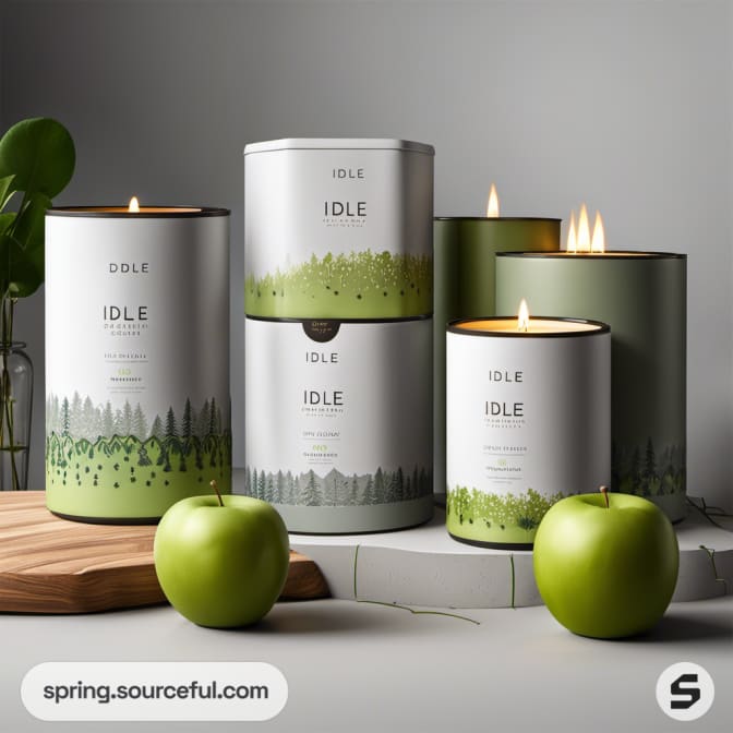 Candle set with nature-themed green and white packaging.