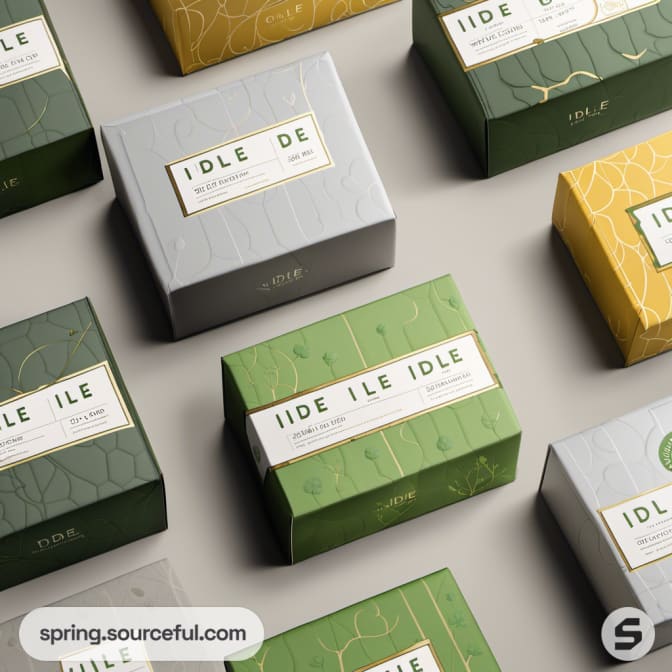 Assorted rectangular candle boxes in green, gray, and gold.