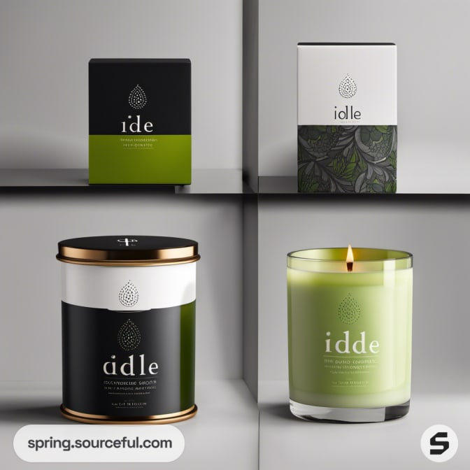 Candle with black and green sleek minimalist packaging.