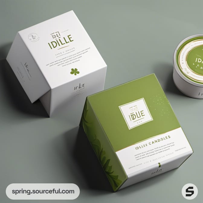 Triangular green and white candle boxes with embossed text.