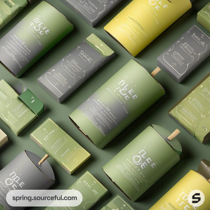 Assorted light green cylindrical packaging with minimalist design.