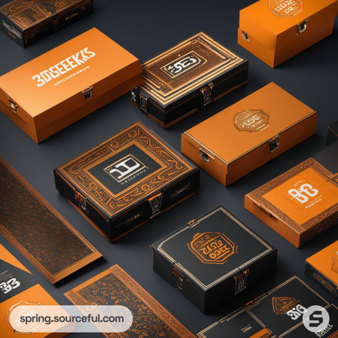 Orange and black boxes with intricate designs on a dark surface.