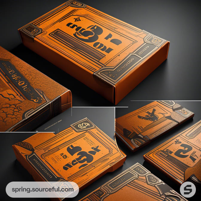 Close-up of orange packaging with vintage-style graphics.