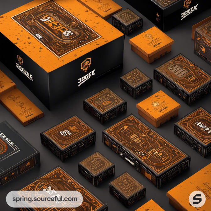 Various orange and black boxes with detailed designs on a dark background.